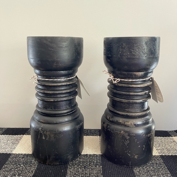 🆕 2 Solid Wood Distressed Candle Holders